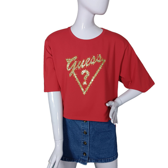 Guess Los Angeles Crop Tee Size XL Red and Gold Graphics Short Sleeve - Picture 1 of 7